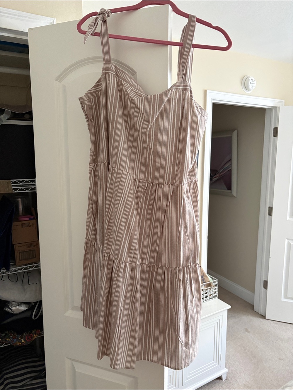 Derek Heart Beige and White Striped Midi Sundress